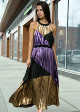 Metallic Pleated Colorblock Halter Dress Dresses Kate Hewko 