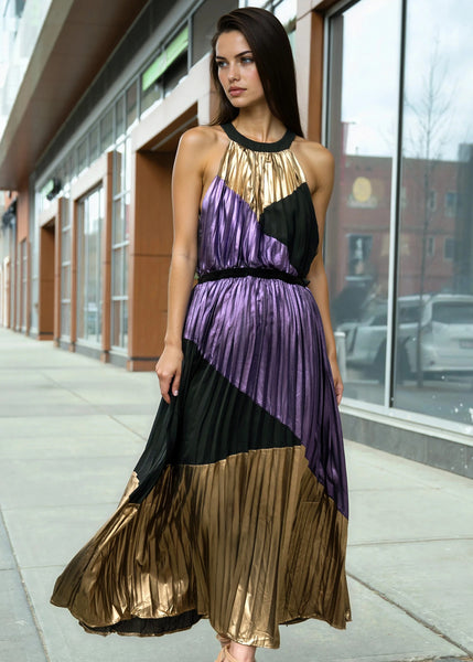 Metallic Pleated Colorblock Halter Dress