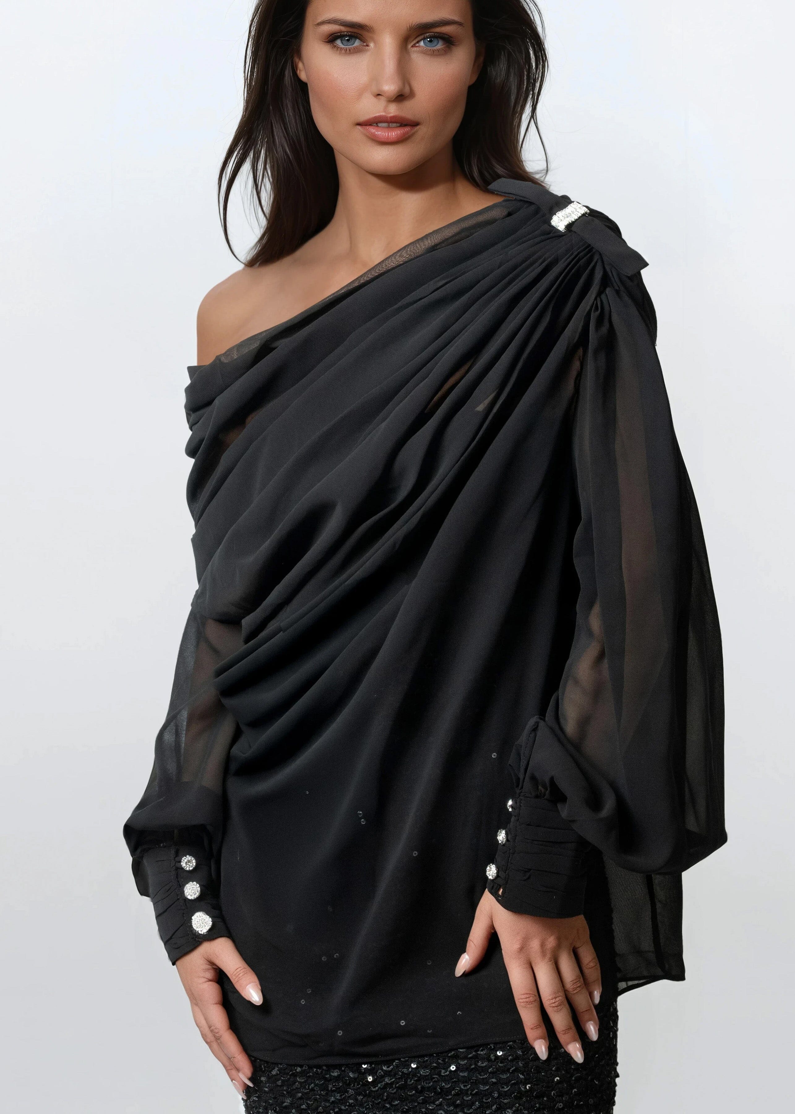 off shoulder dress blouse Off Shoulder Sheer Drape Blouse