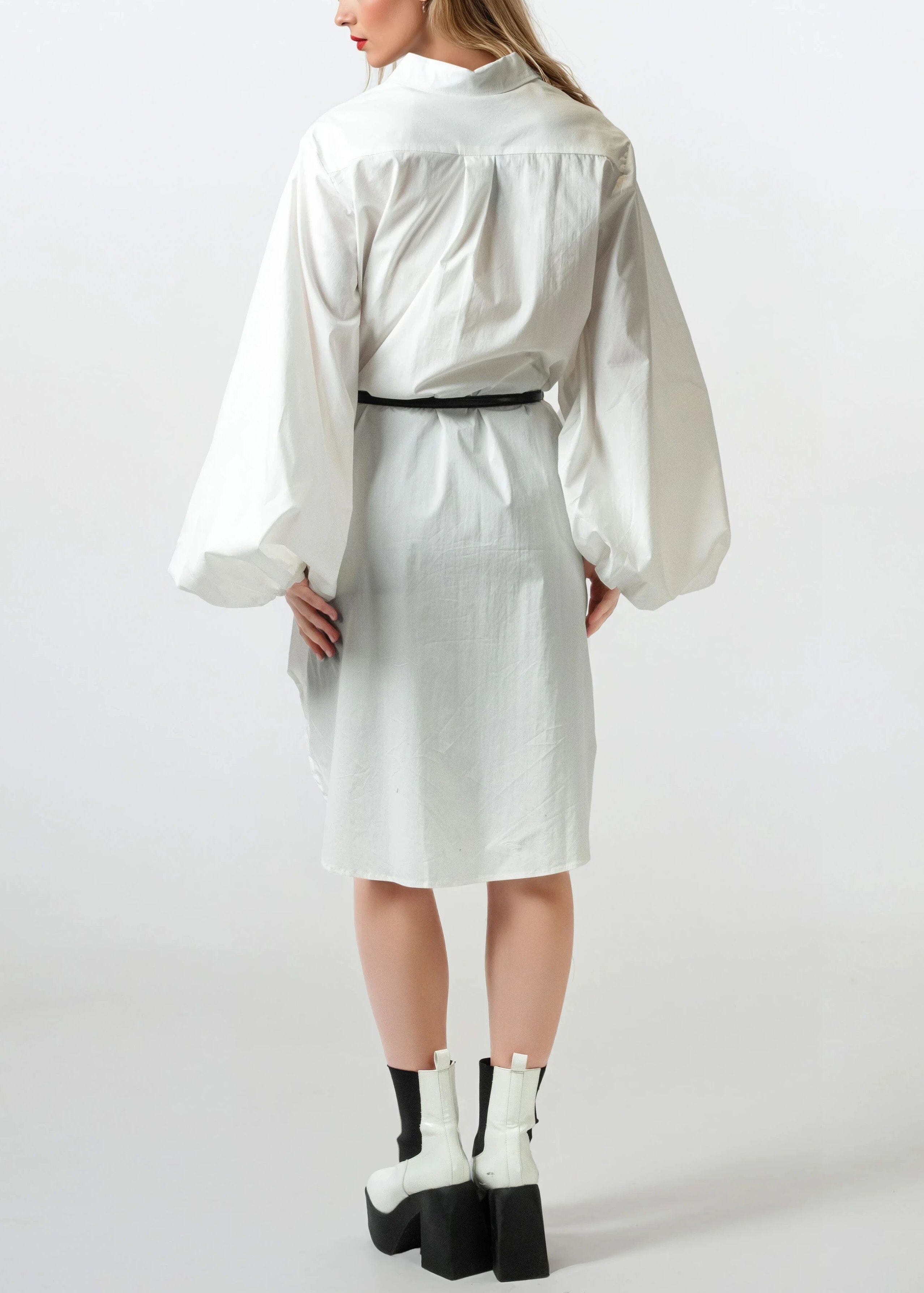 belted dress shirt Kylo Short puff sleeves Collared neckline Length hits above knee Ric Oversized Balloon Sleeve Belted Dress