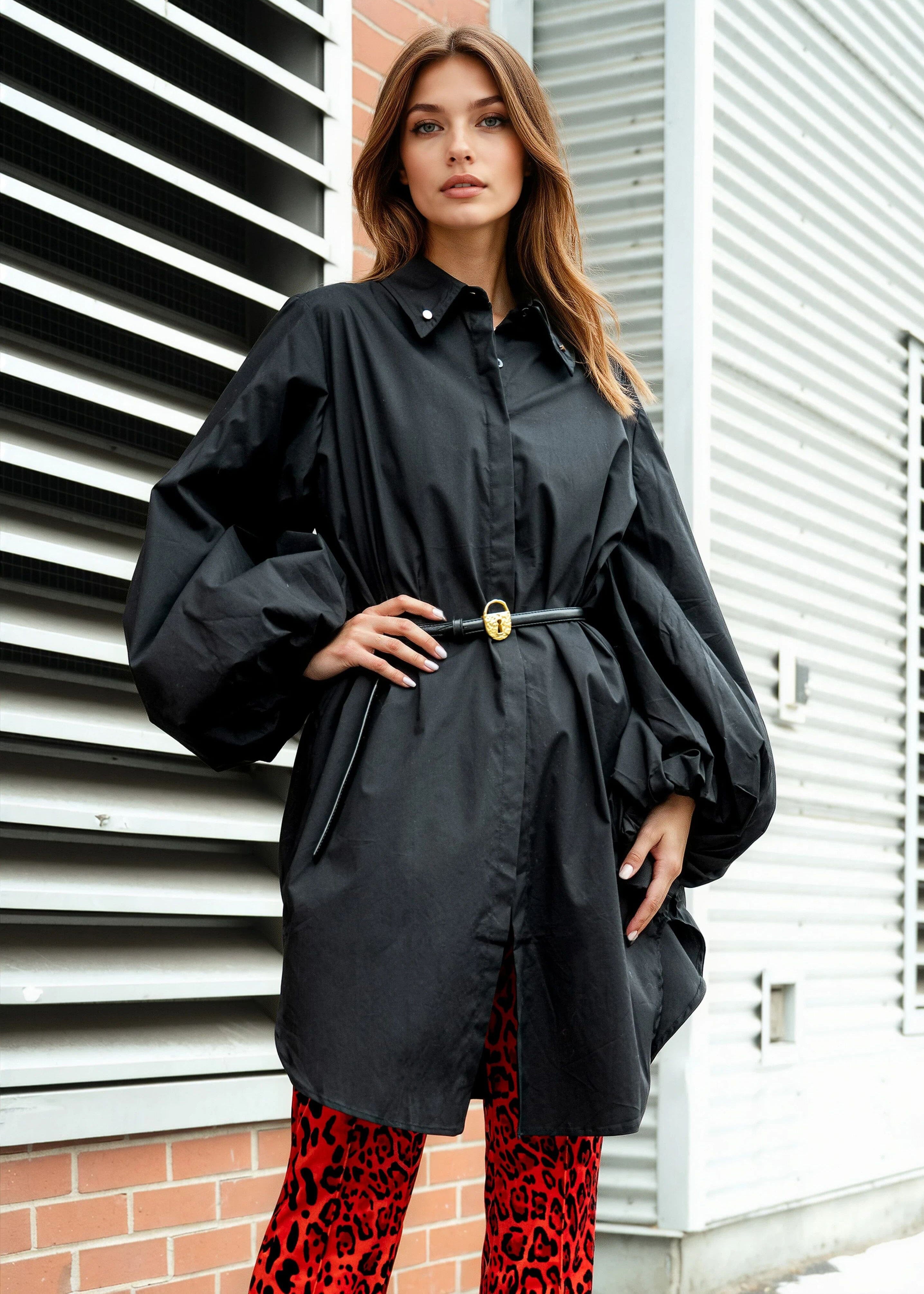 Oversized Balloon Sleeve Belted Dress Shirt - Kate Hewko Black / M Oversized Balloon Sleeve Belted Dress Shirt - Kate Hewko Black / M
