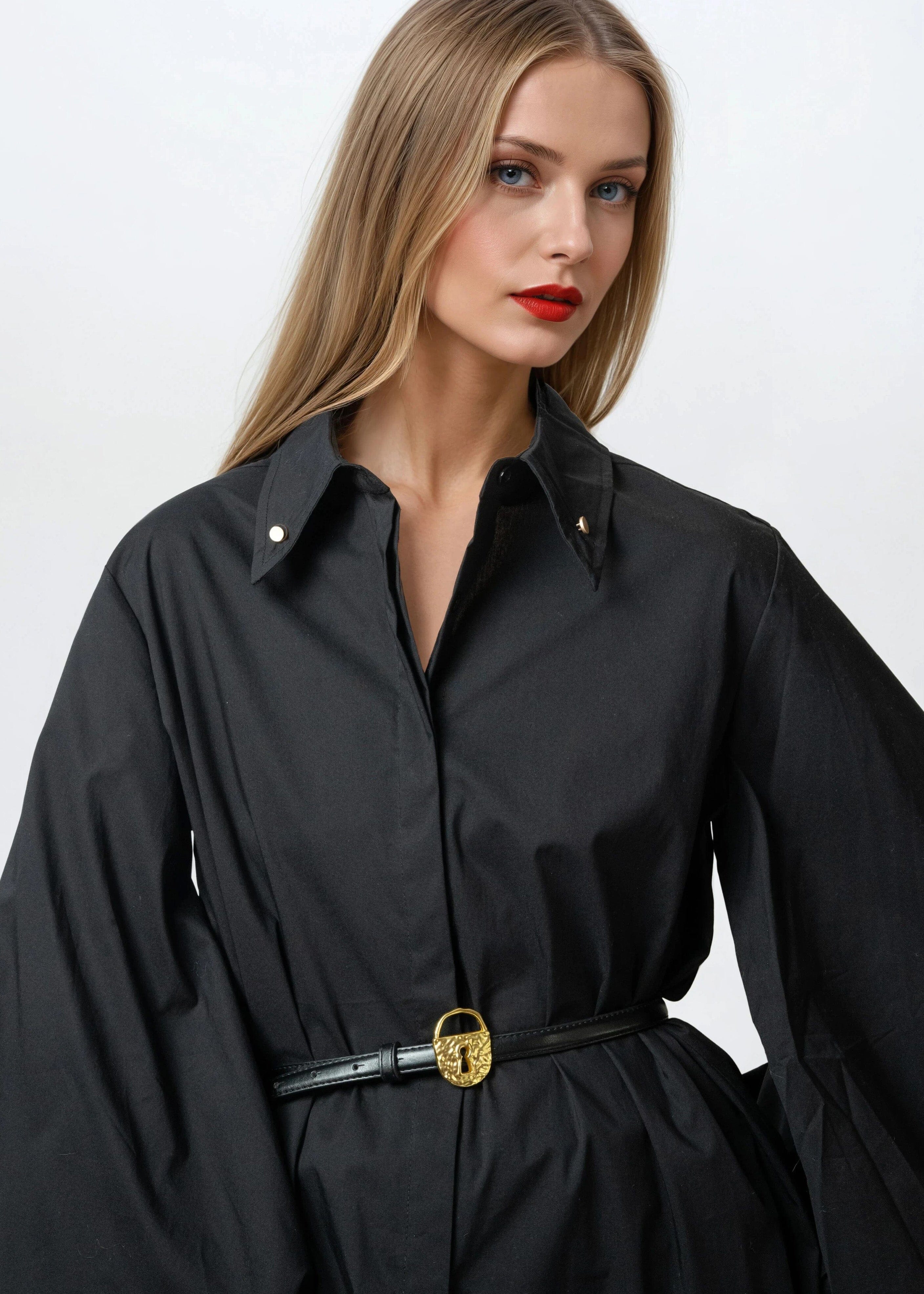 Oversized Balloon Sleeve Belted Dress Shirt