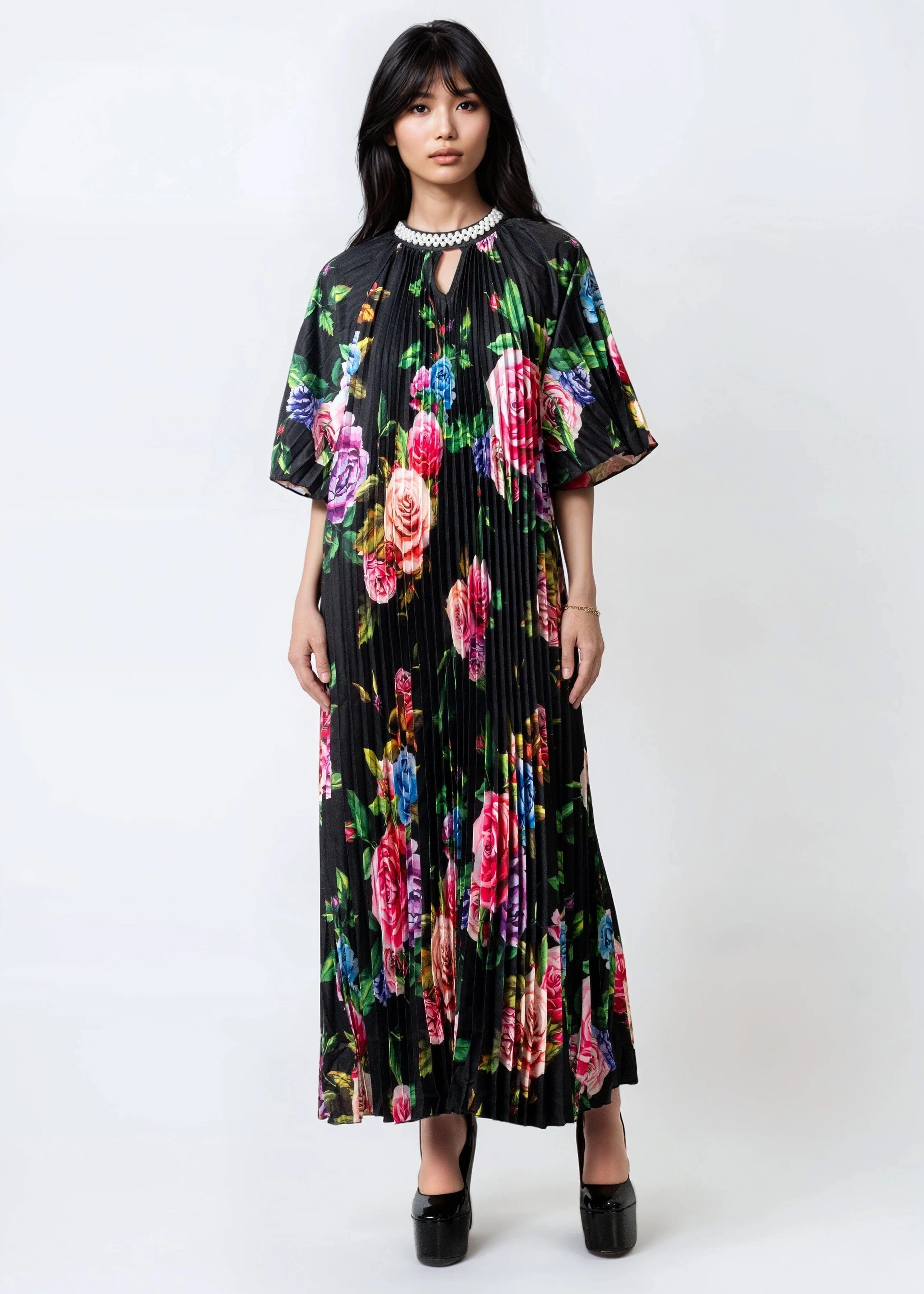 floral midi dresses with sleeves Pearl Embellished Floral Midi Dress