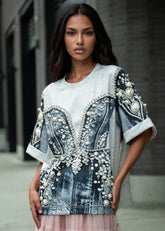 Pearl Rhinestone Printed Corset Tee Tees Kate Hewko 