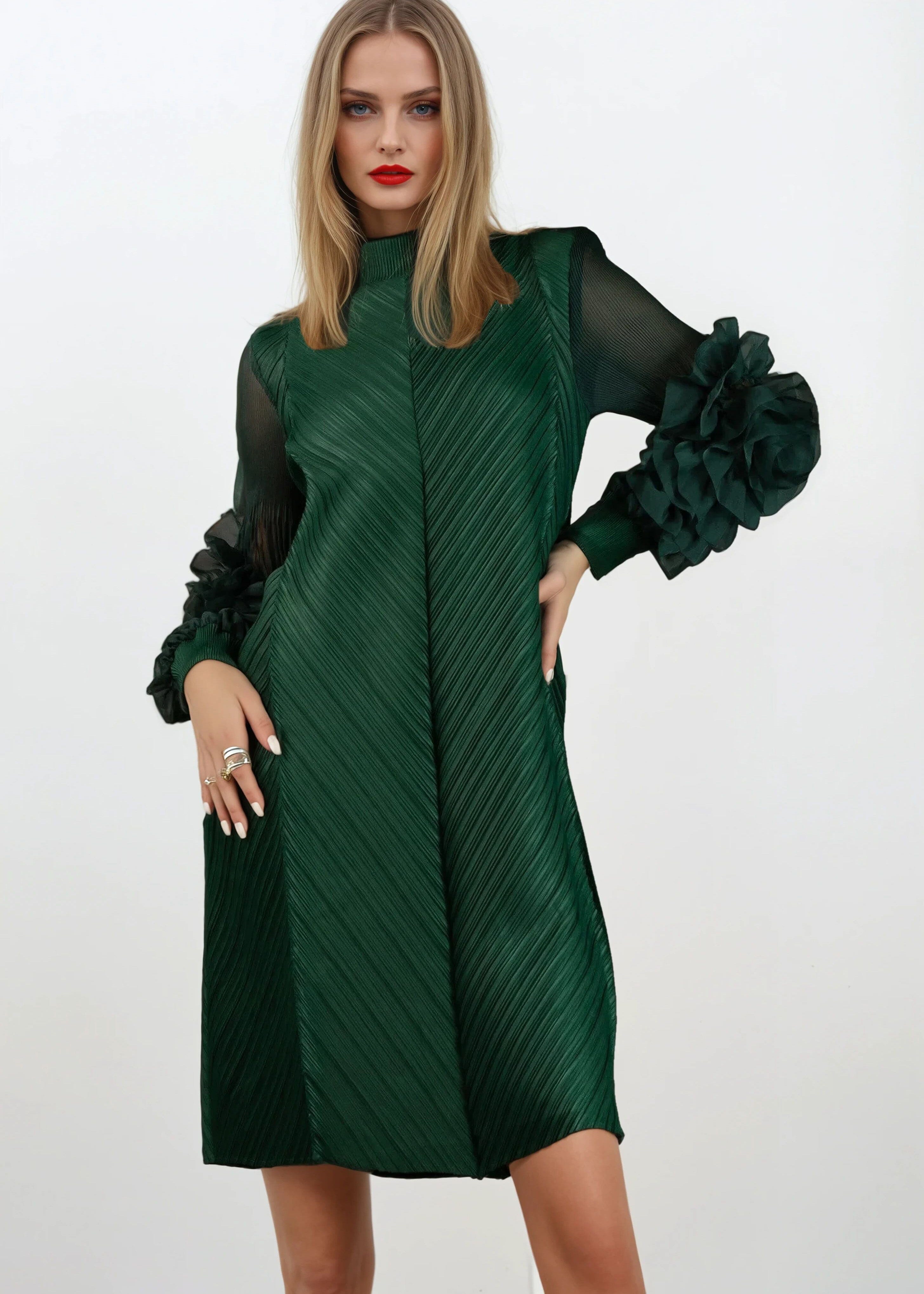 Petal Sleeve Mock Neck Dress - Kate Hewko Green / One size Petal Sleeve Mock Neck Dress - Kate Hewko Green / One size