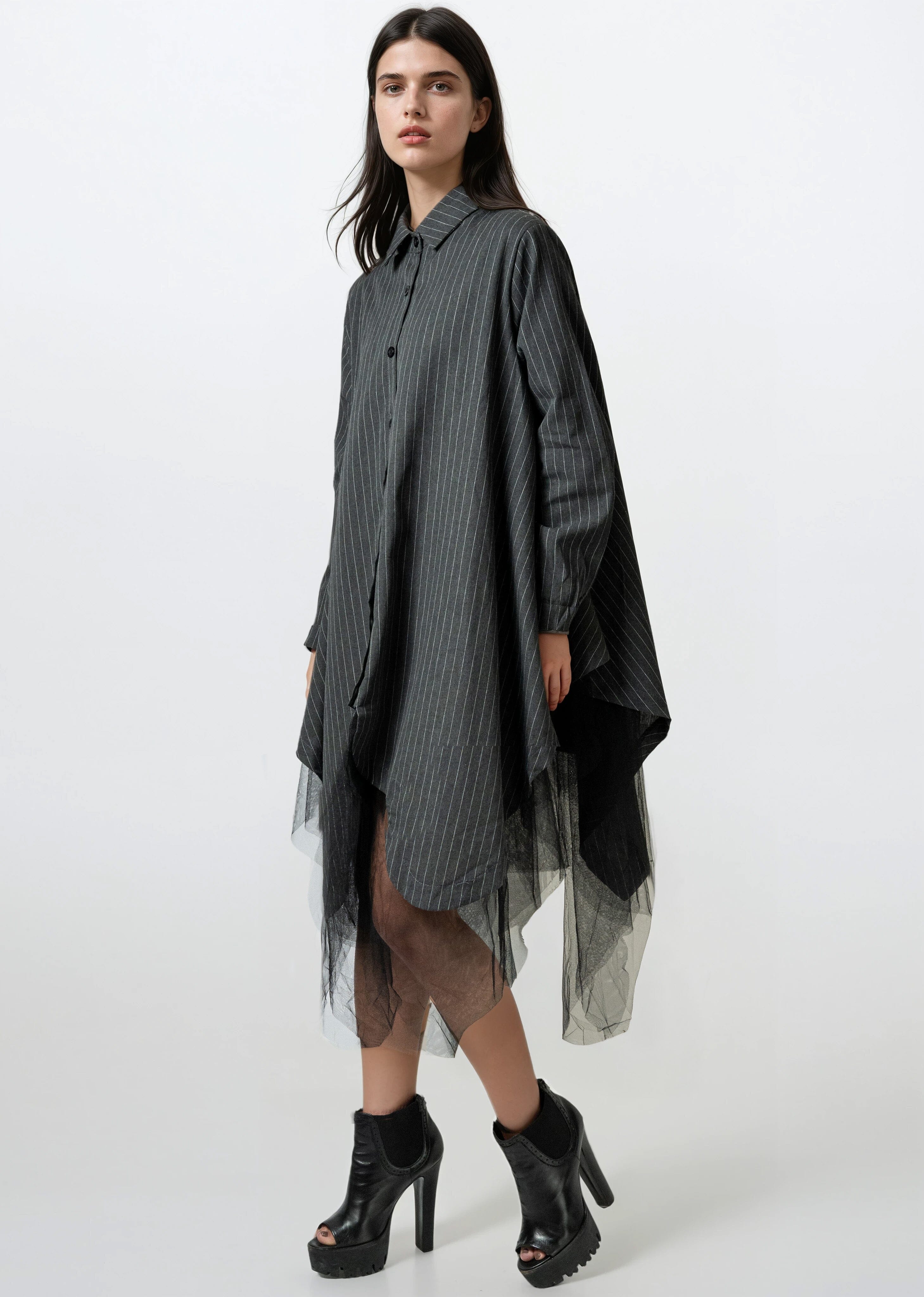 Pinstripe Tulle Hem Button Up Layering Pieces Kate Hewko Gray One size 