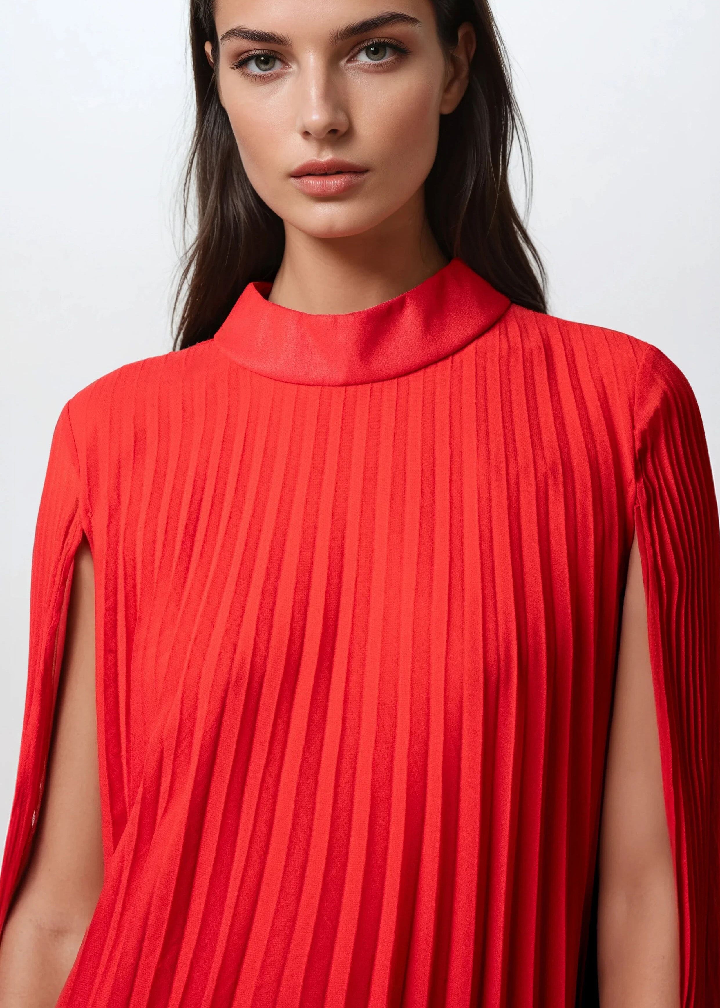Pleated Mock Neck Cape Dress Pleated Mock Neck Cape Dress