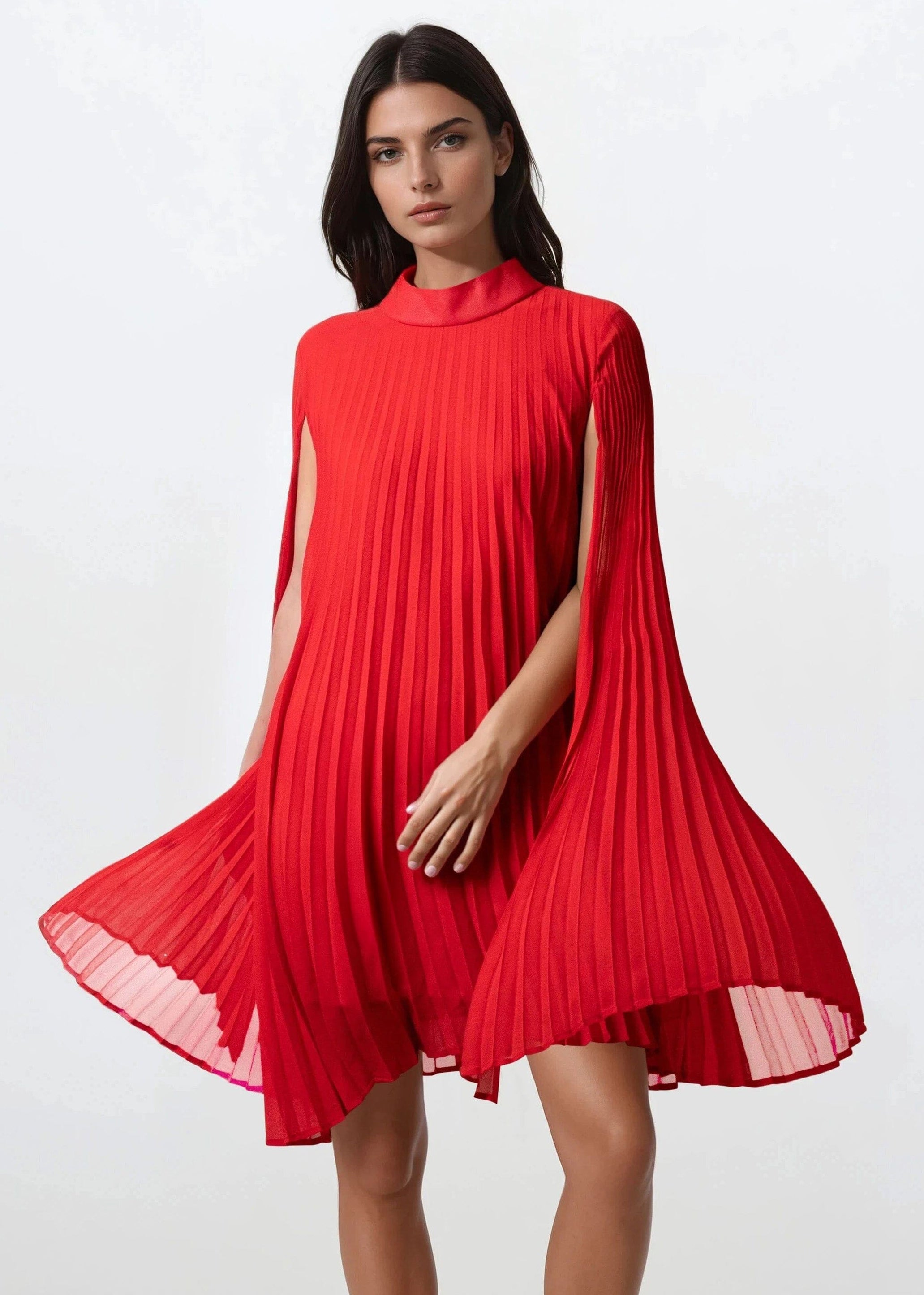 pleated cape high neck shift dress Allegra K Chiffon Dresses for Women's Loose Flowy Cloak Sleeve Cape Pleated Dress Small Blue at Amazon Women's Clothing store