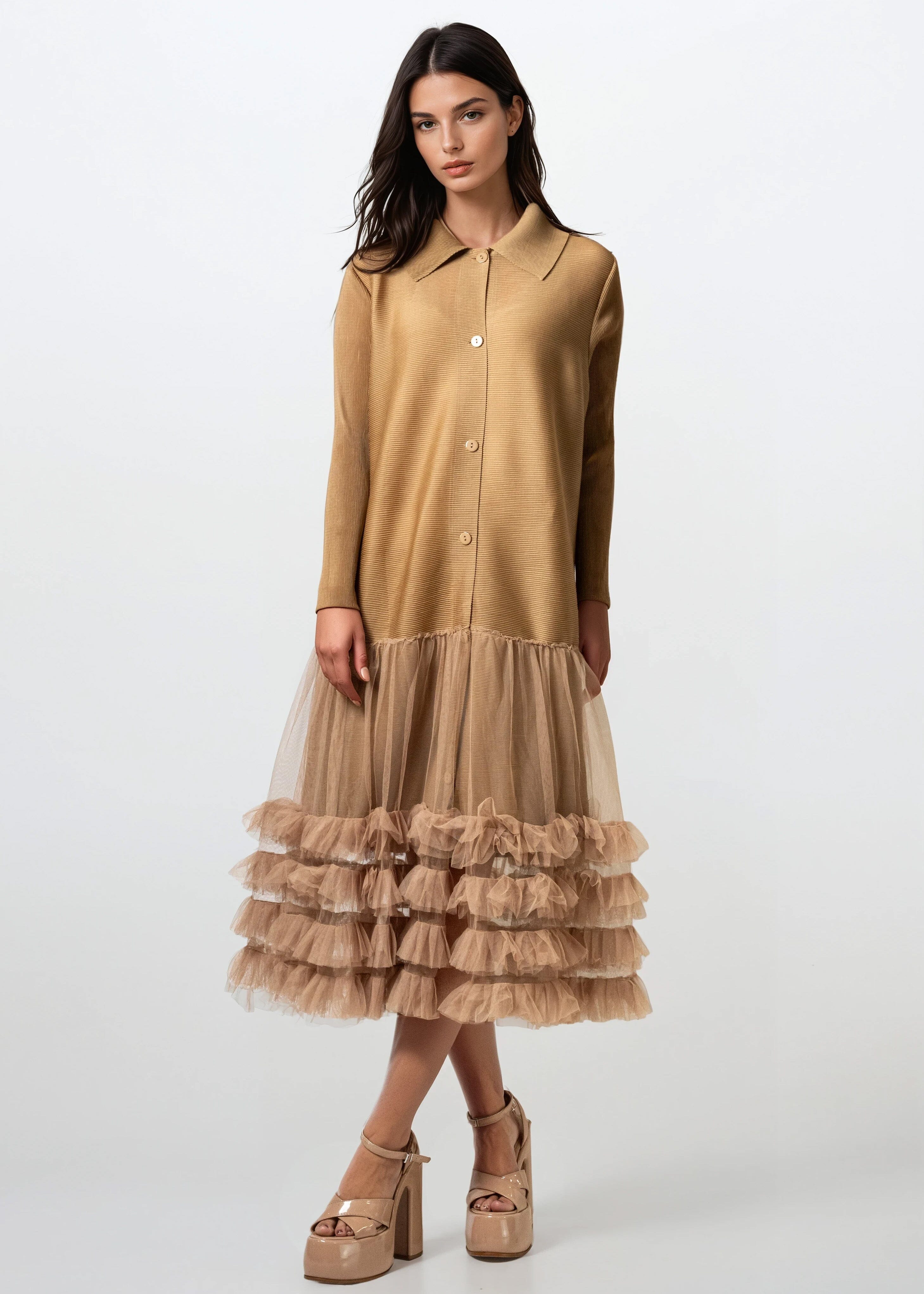 Pleated Tulle Trim Shirt Dress - Kate Hewko Khaki / One size Pleated Tulle Trim Shirt Dress - Kate Hewko Khaki / One size