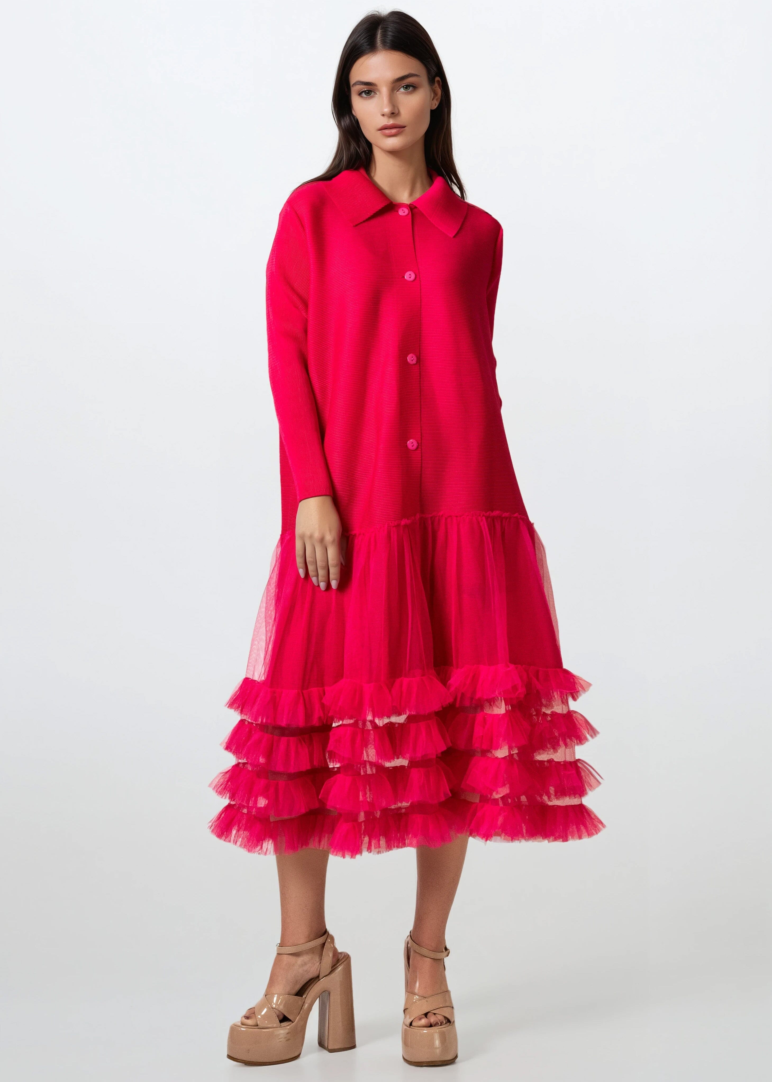 Pleated Tulle Trim Shirt Dress - Kate Hewko Khaki / One Size Pleated Tulle Trim Shirt Dress - Kate Hewko Khaki / One Size