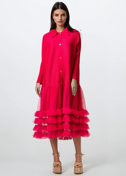 Pleated Tulle Trim Shirt Dress