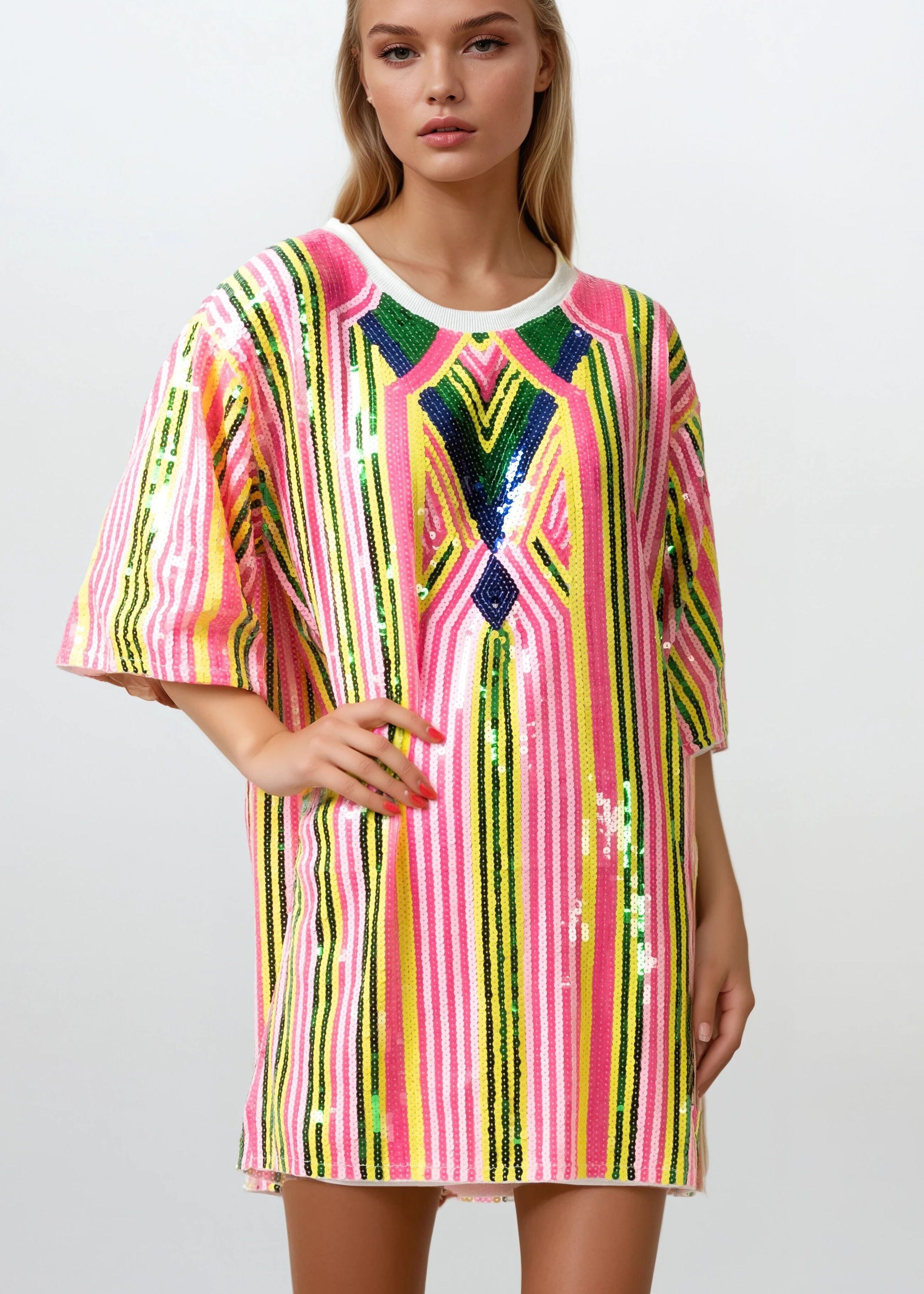 Retro Sequin Tee Dress – Neon Multicolor Retro Sequin Tee Dress – Neon Multicolor