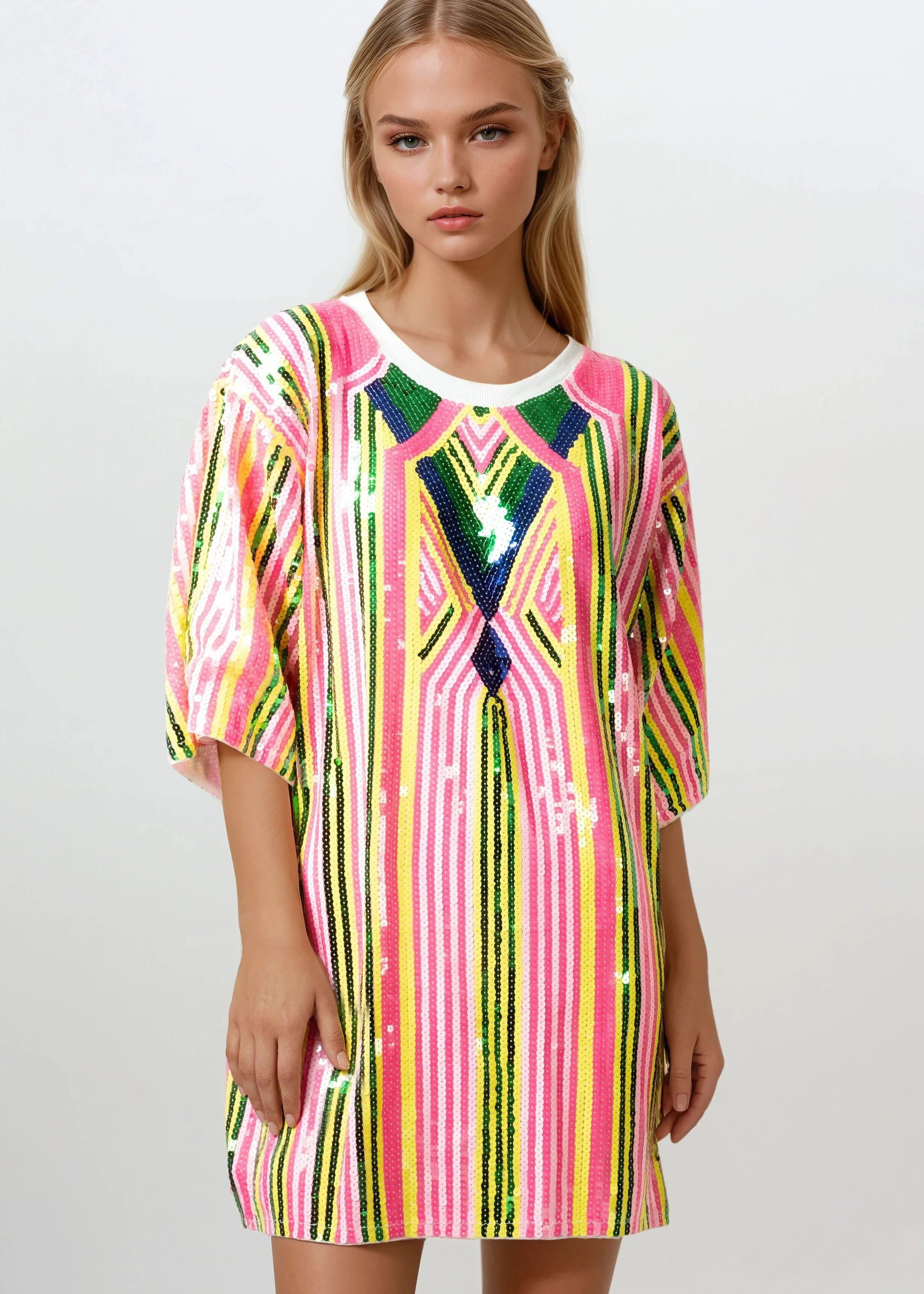 Retro Sequin Tee Dress Neon Multicolor | Kate Hewko Retro Sequin Tee Dress Neon Multicolor | Kate Hewko