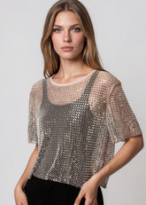 Rhinestone Fishnet Cropped Tee Tees Kate Hewko Beige One size 