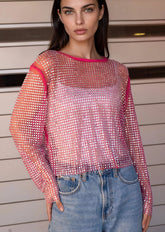 Rhinestone Fishnet Long Sleeve Long Sleeve Tees Kate Hewko Hot Pink One size 