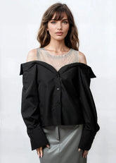 Rhinestone Mesh Contrast Dress Shirt Blouses Kate Hewko 