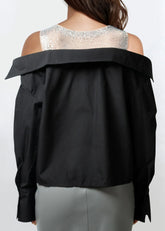 Rhinestone Mesh Contrast Dress Shirt Blouses Kate Hewko 