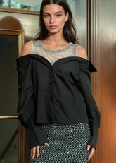 Rhinestone Mesh Contrast Dress Shirt Blouses Kate Hewko 