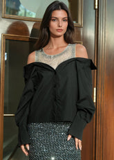 Rhinestone Mesh Contrast Dress Shirt Blouses Kate Hewko 