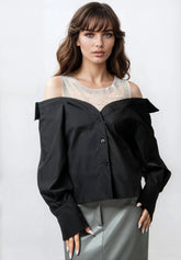 Rhinestone Mesh Contrast Dress Shirt Blouses Kate Hewko 