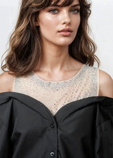Rhinestone Mesh Contrast Dress Shirt Blouses Kate Hewko 