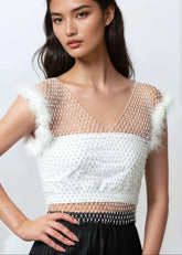 Rhinestone Mesh Feather Trim Top Tank Tops Kate Hewko 