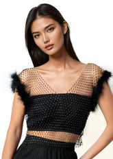 Rhinestone Mesh Feather Trim Top Tank Tops Kate Hewko 