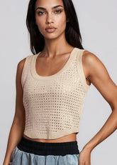 Rhinestone Studded Cropped Tank Top Tank Tops Kate Hewko Khaki One size 