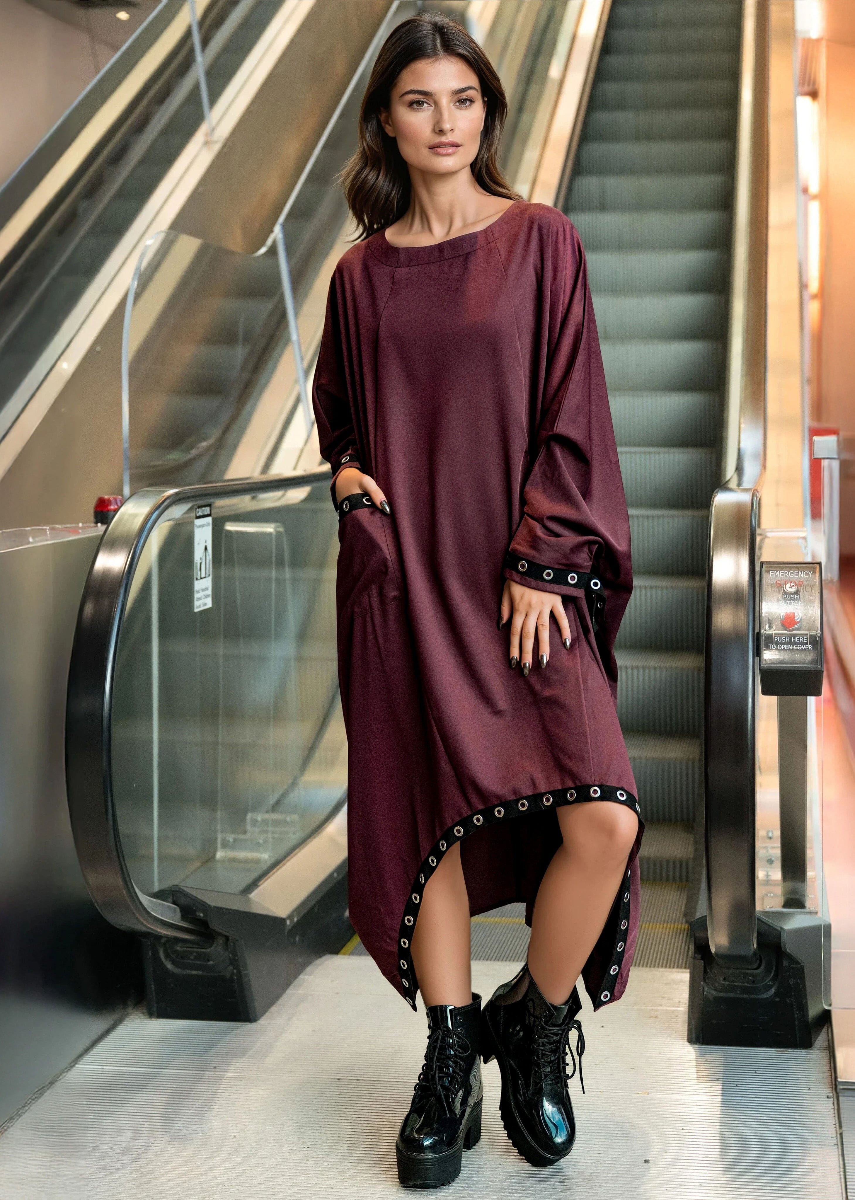 long sleeve tunic dresses Women's Plus Size Linen Tunic Dress with Side Slit