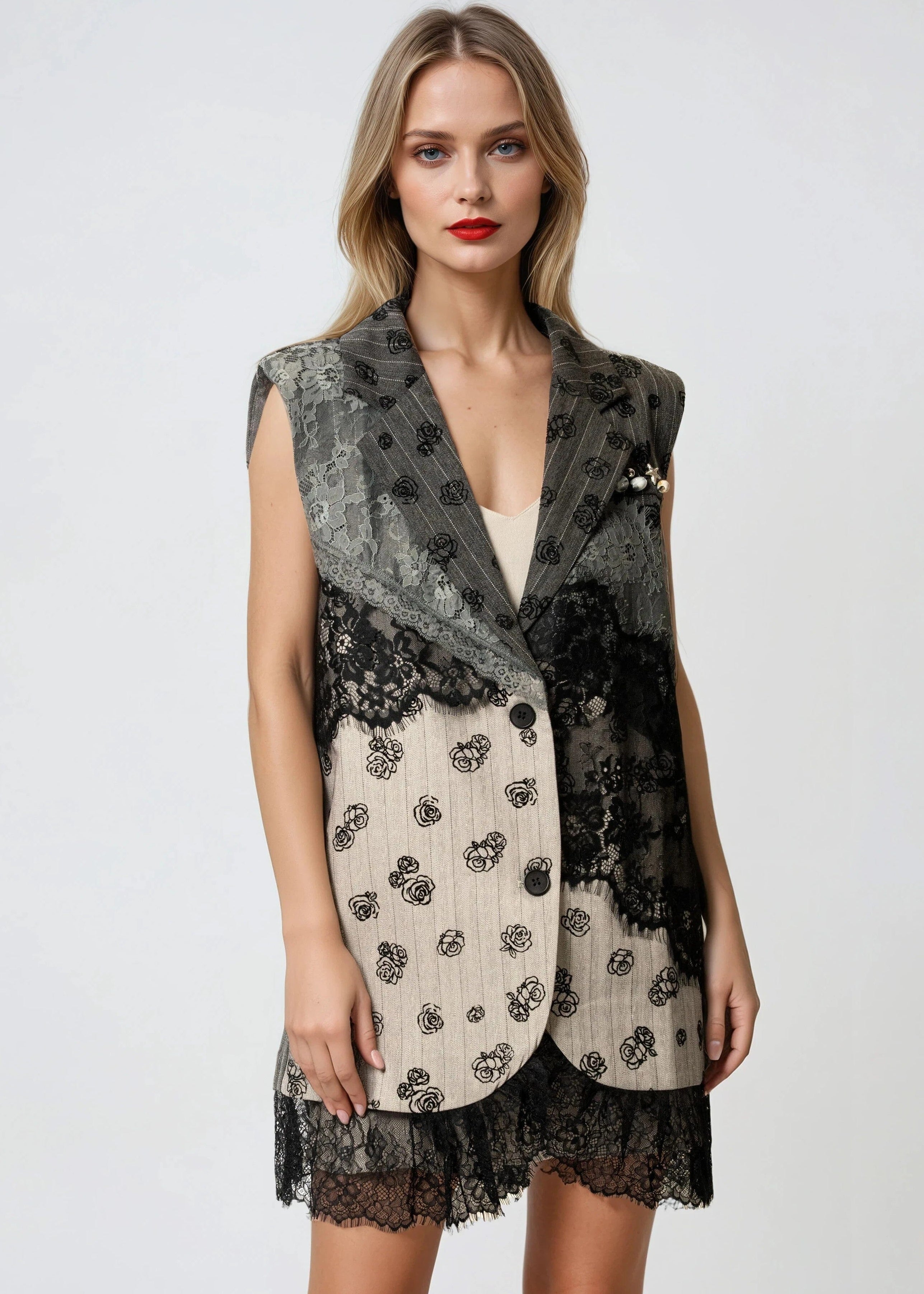 lace vest dress Louise Black floral-lace vest & dress matching set S / Black