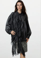 Ruffle Draped Satin Dress Shirt Blouses Kate Hewko 