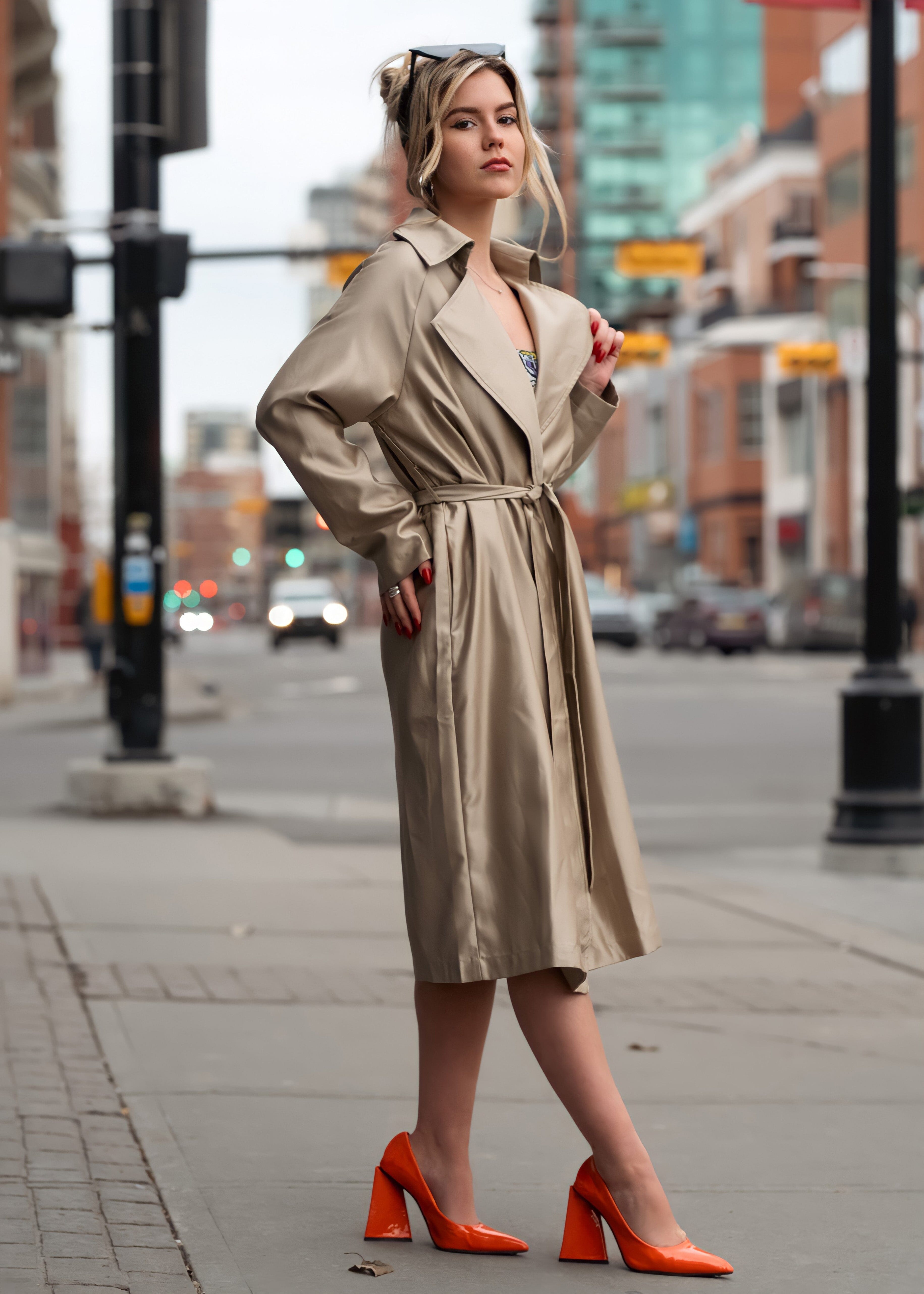 Satin Finish Belted Trench Outerwear Kate Hewko Khaki S 