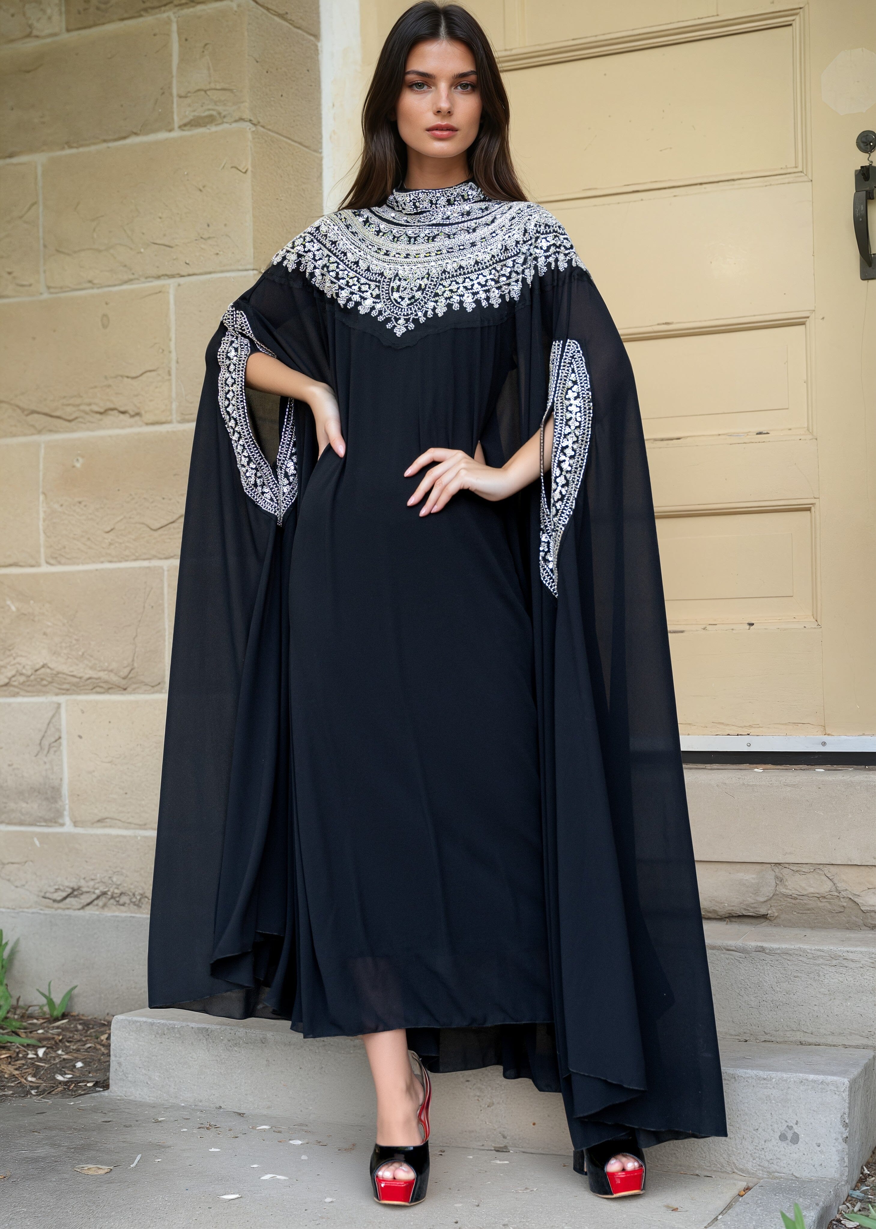 Sequin Beaded Cape Sleeve Maxi Dress