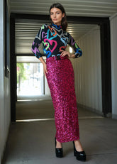 Sequin Buckled Pencil Skirt Skirts Kate Hewko Hot Pink One size 