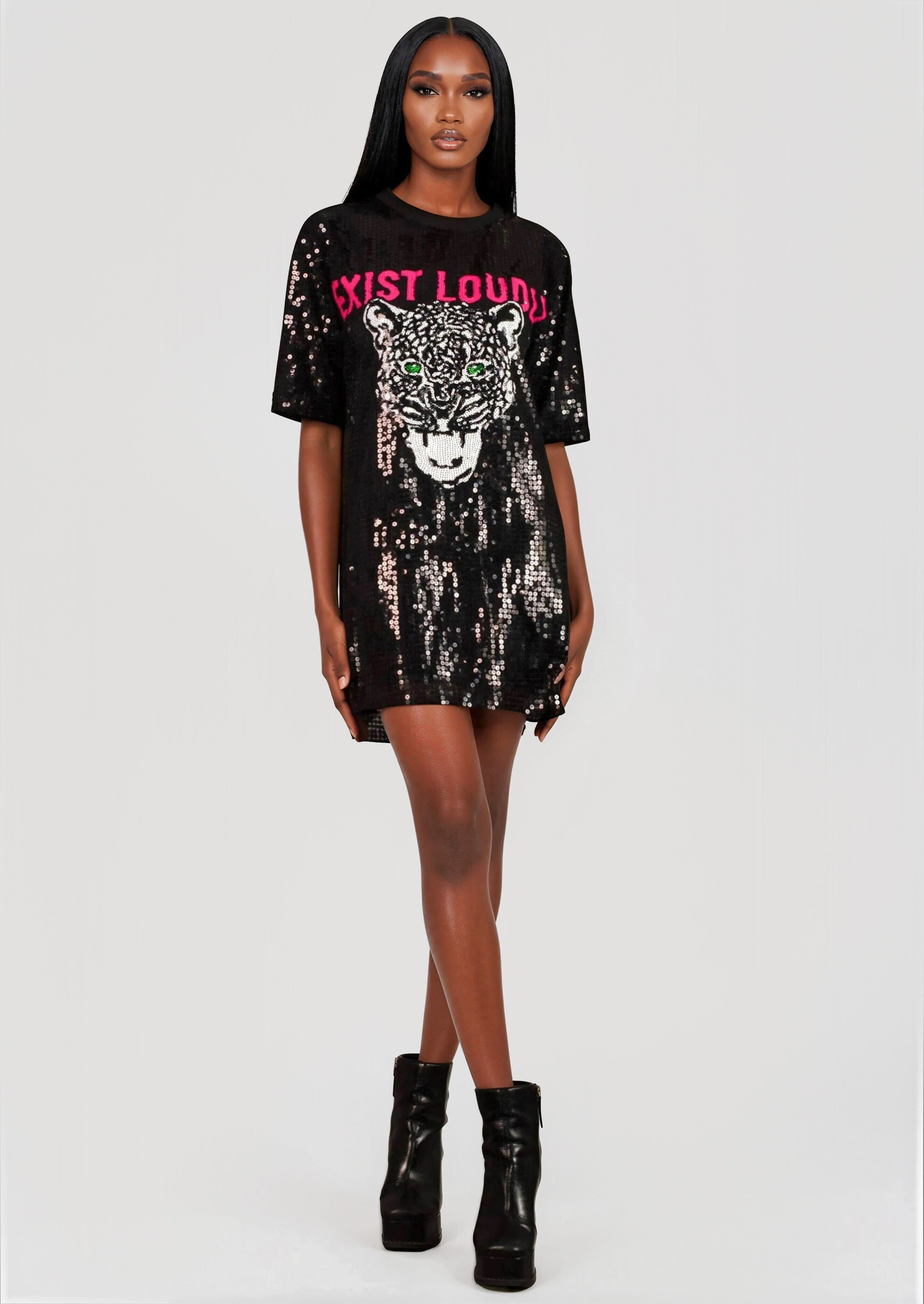 Exist Loudly Sequin Tee Dress Leopard | Kate Hewko Exist Loudly Sequin Tee Dress Leopard | Kate Hewko