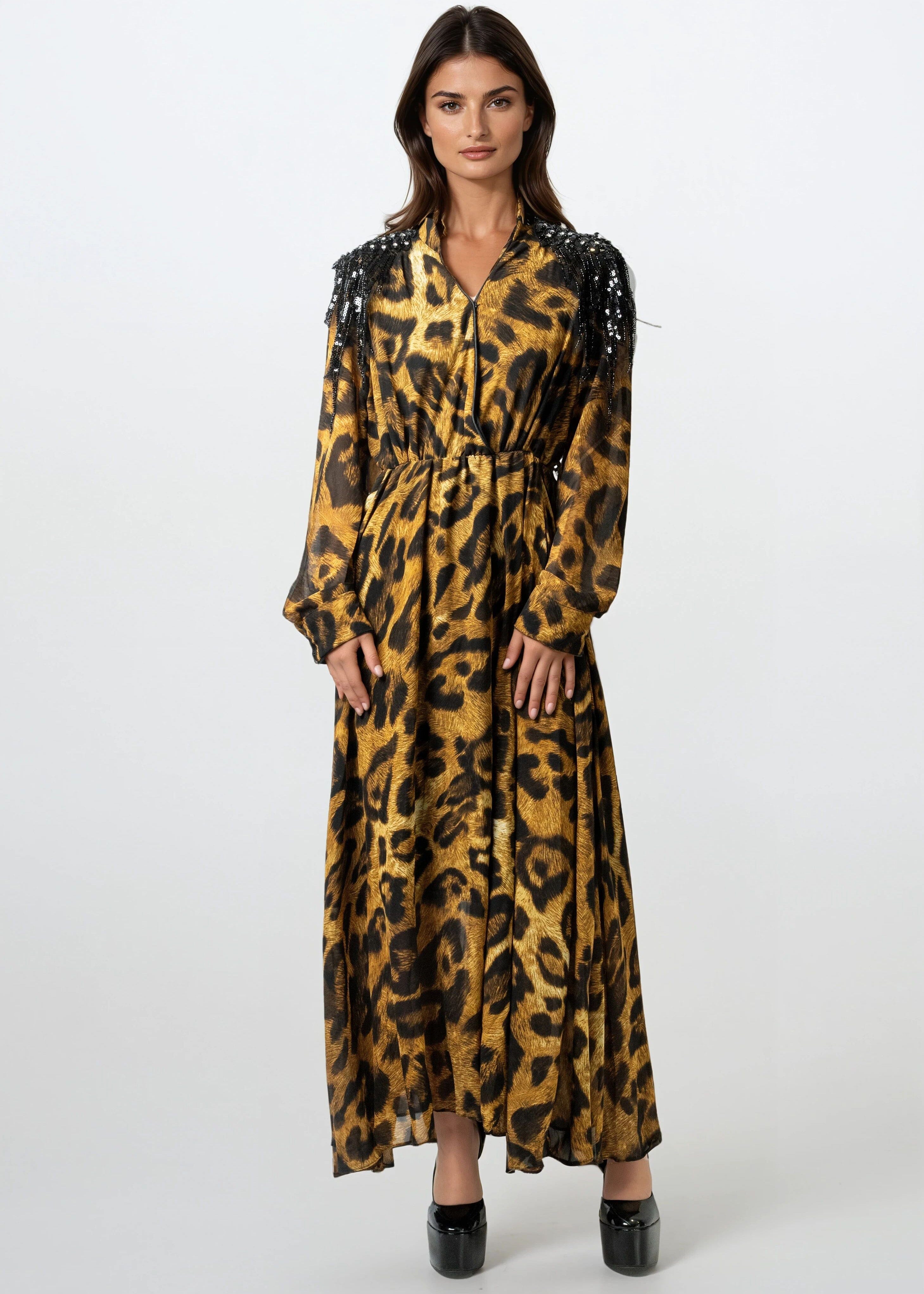 Sequin Fringe Leopard Maxi Dress - Kate Hewko Sequin Fringe Leopard Maxi Dress - Kate Hewko