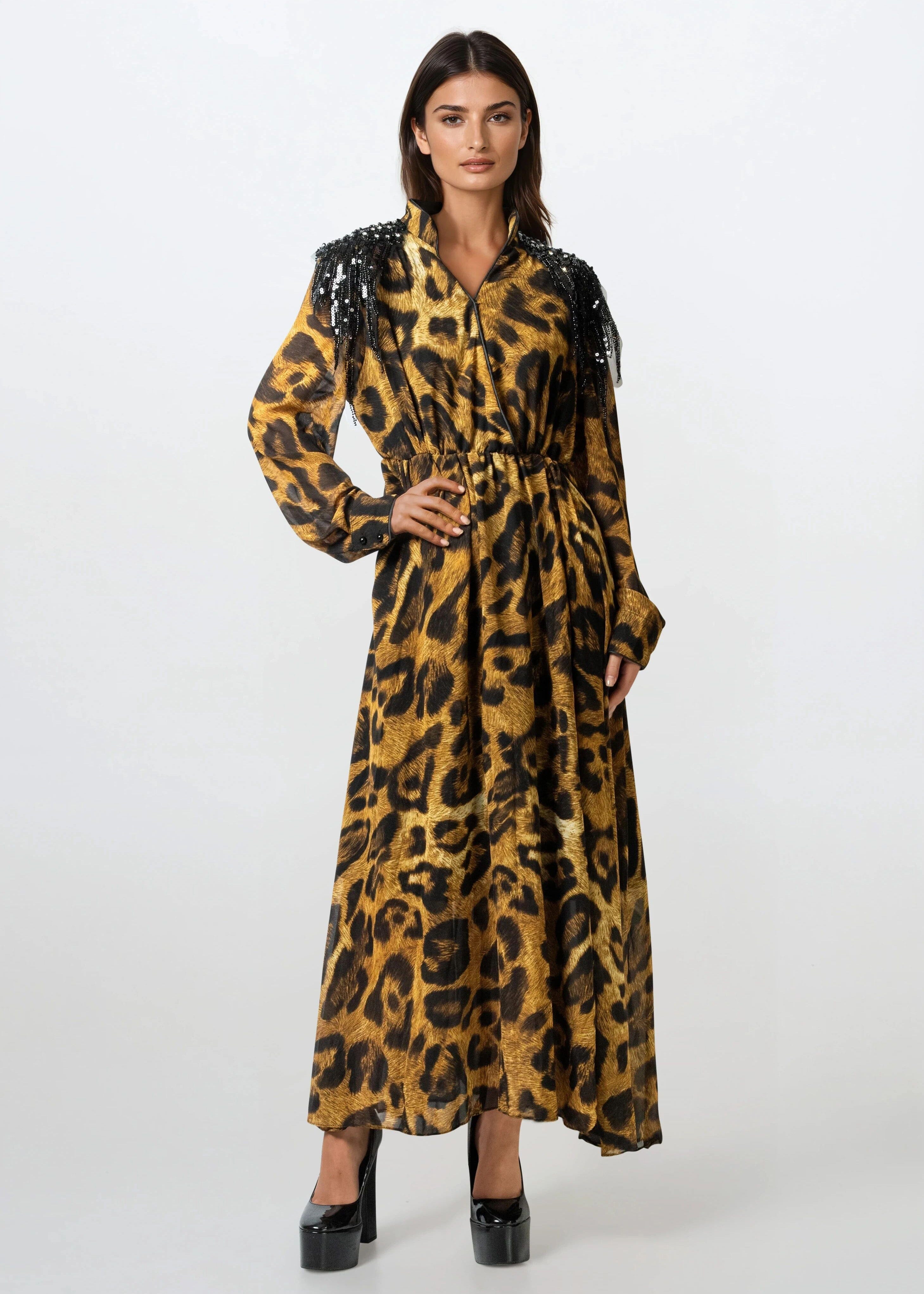 Sequin Fringe Leopard Maxi Dress - Kate Hewko Leopard / S Sequin Fringe Leopard Maxi Dress - Kate Hewko Leopard / S