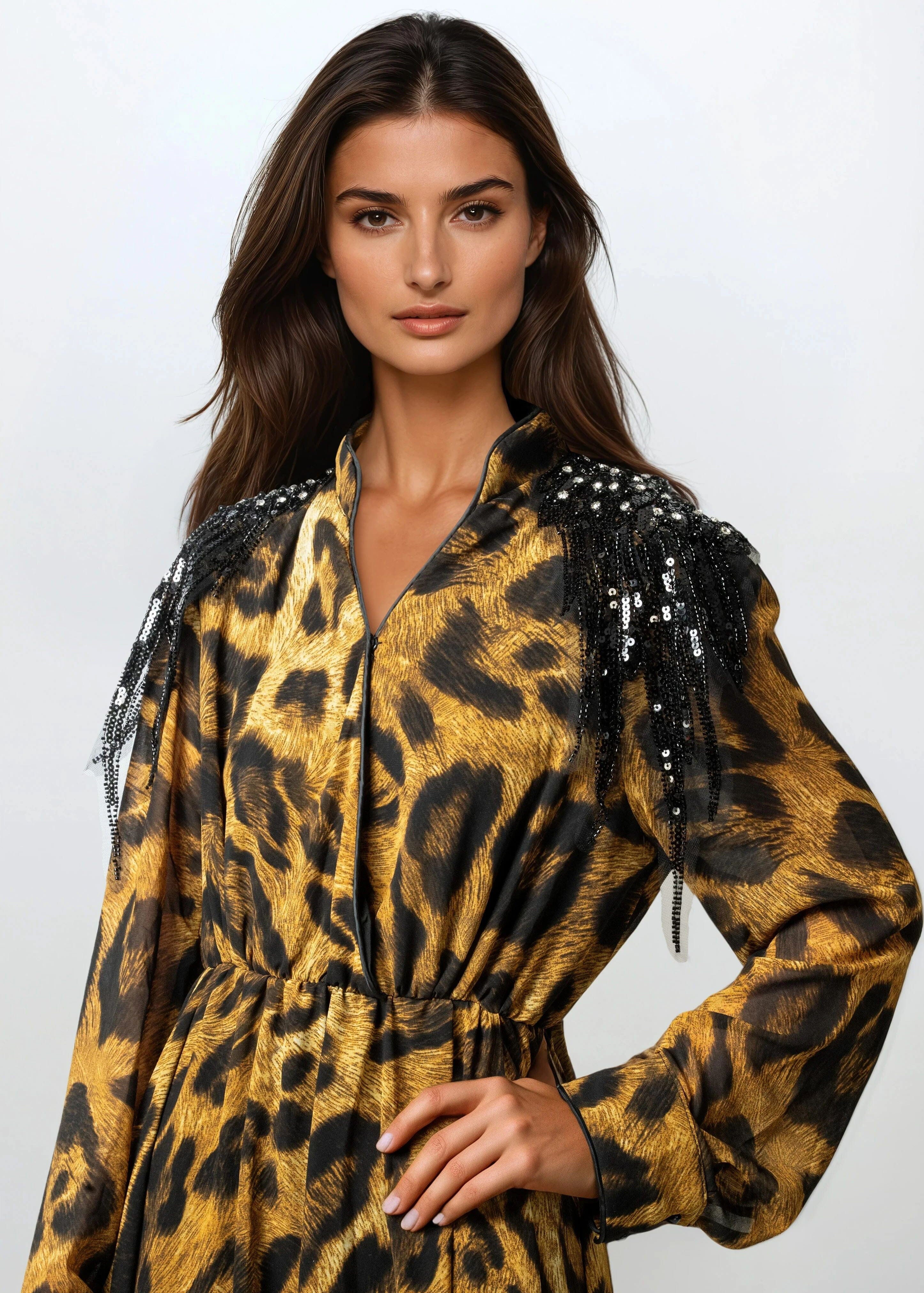Sequin Fringe Leopard Maxi Dress - Kate Hewko Leopard / S Sequin Fringe Leopard Maxi Dress - Kate Hewko Leopard / S