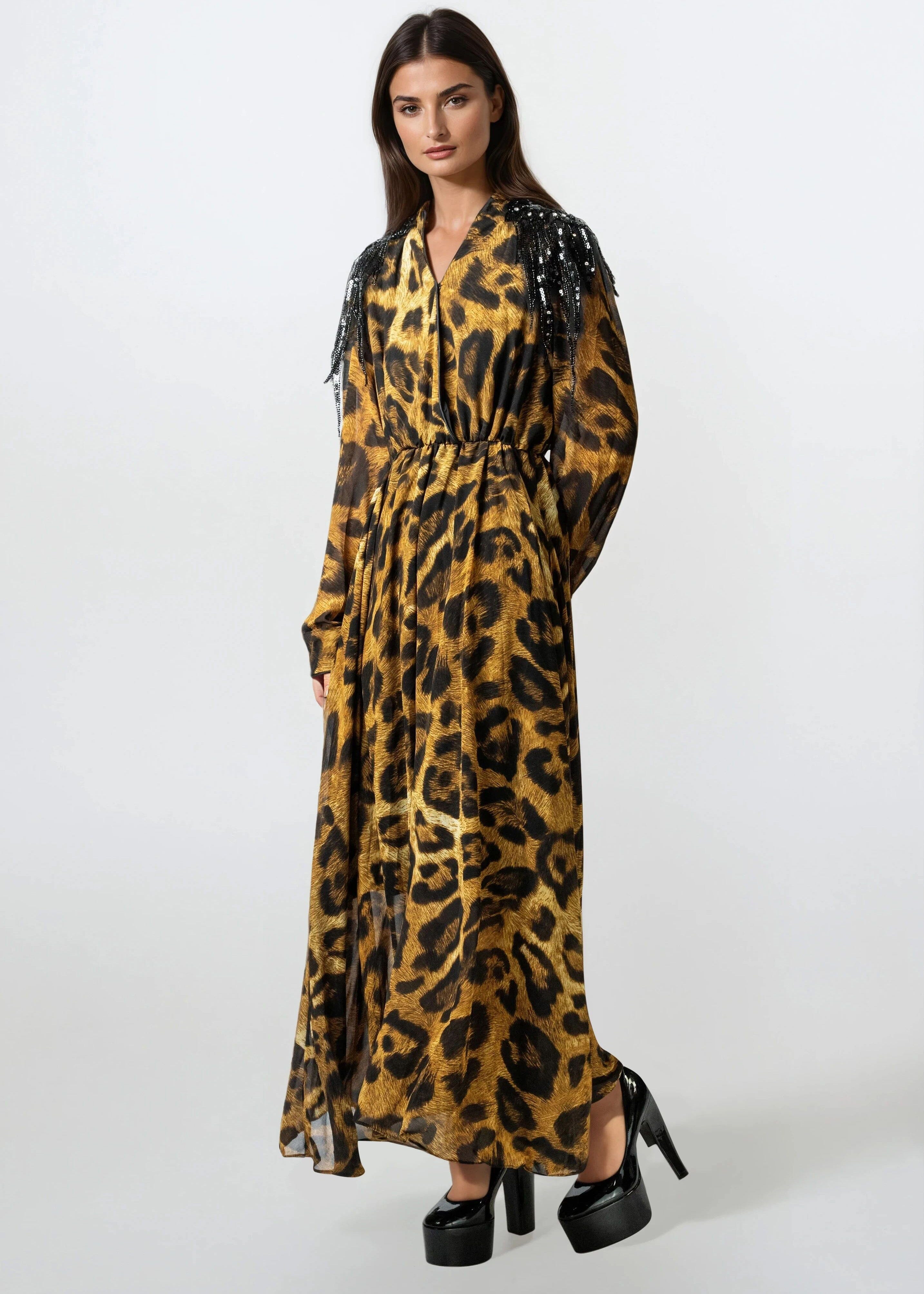 Sequin Fringe Leopard Maxi Dress - Kate Hewko Sequin Fringe Leopard Maxi Dress - Kate Hewko