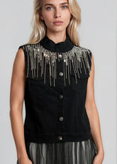 Sequin Fringe Tulle Trim Denim Vest Vests Kate Hewko 