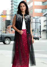 Sequin Fringe Tulle Trim Denim Vest Vests Kate Hewko Black S 