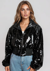 Sequin Patent Cropped Bomber Jacket Outerwear Kate Hewko 