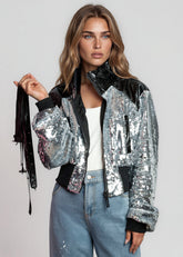 Sequin Patent Cropped Bomber Jacket Outerwear Kate Hewko 