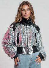 Sequin Patent Cropped Bomber Jacket Outerwear Kate Hewko 