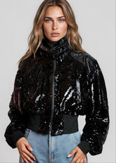 Sequin Patent Cropped Bomber Jacket Outerwear Kate Hewko 