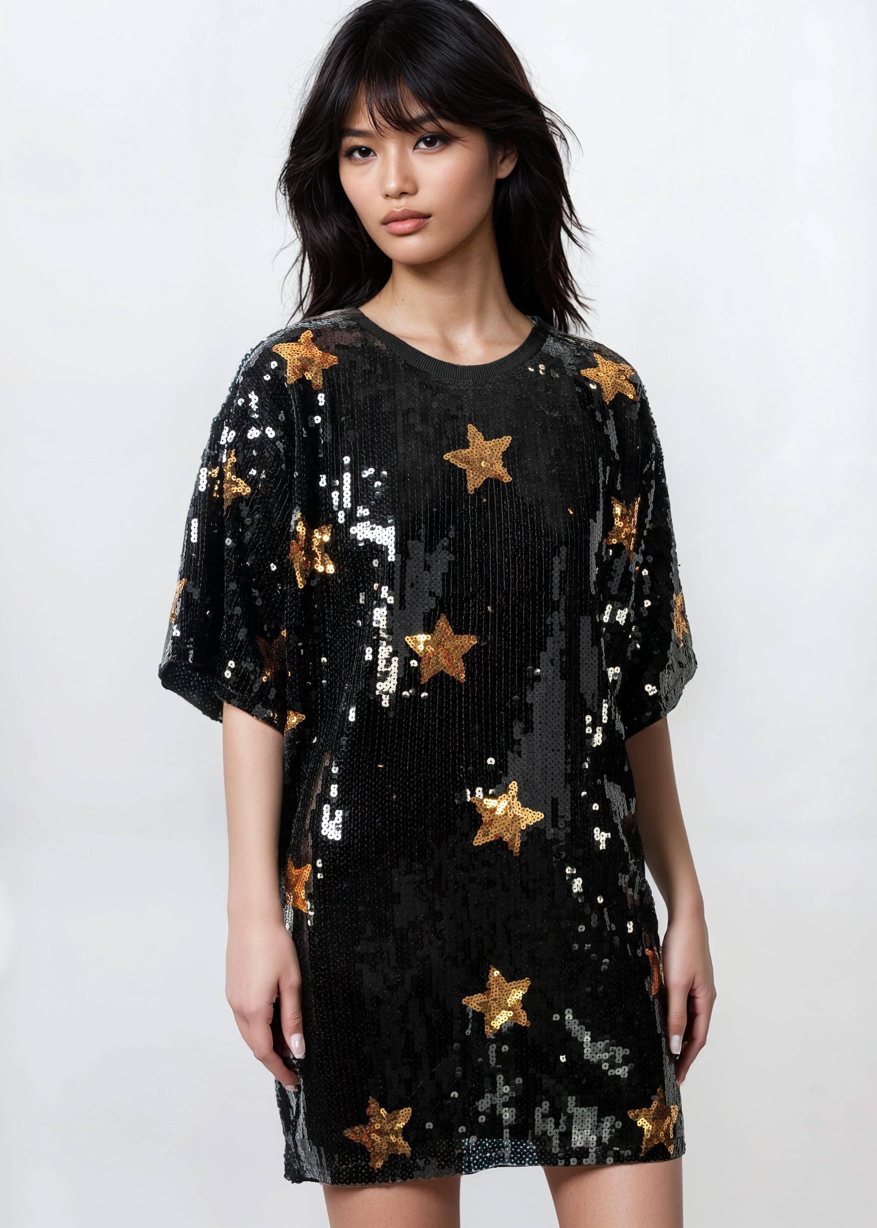 Star Sequin Tee Dress Black & Gold Mini | Kate Hewko Star Sequin Tee Dress Black & Gold Mini | Kate Hewko