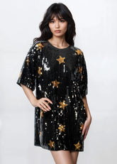 star sequin dress Star Sequin Tee Dress – Black & Gold Mini