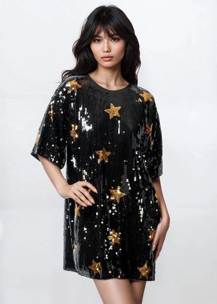 slim fit dress slacks Star Sequin Tee Dress – Black & Gold Mini