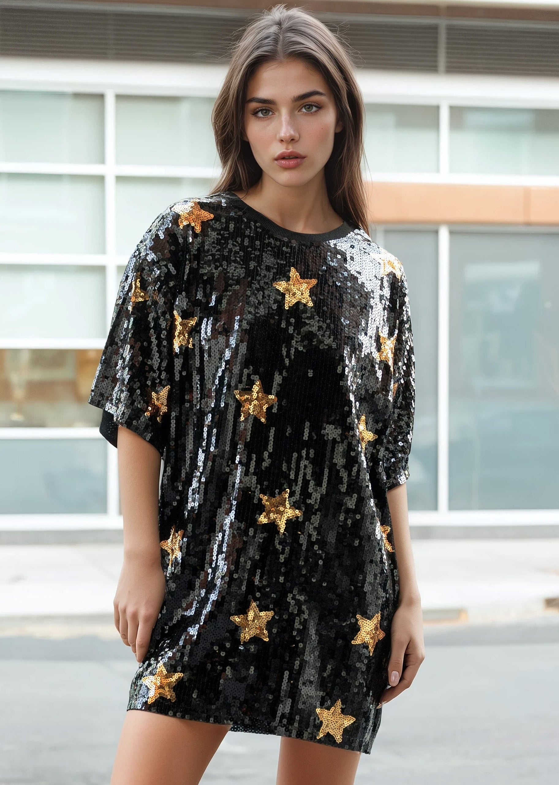Star Sequin Tee Dress Black & Gold Mini | Kate Hewko Star Sequin Tee Dress Black & Gold Mini | Kate Hewko