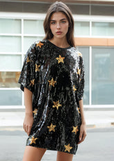 Star Sequin Tee Dress Black & Gold Mini | Kate Hewko Star Sequin Tee Dress Black & Gold Mini | Kate Hewko